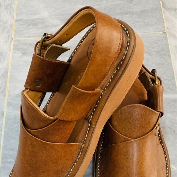 Pure Leather Handmade Footwear, Handcrafted Shine Brown Peshawari Chappal main image 7